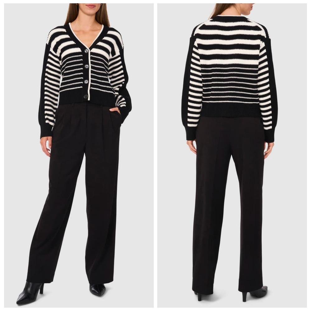 HALOGEN Black White Stripe Button Front V Neck Cardigan Sweater Size‎ M Preppy